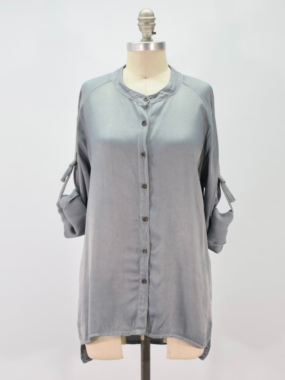 Sofia Silver Gray Silky Rayon Button-Up Raglan-Sleeve Tunic